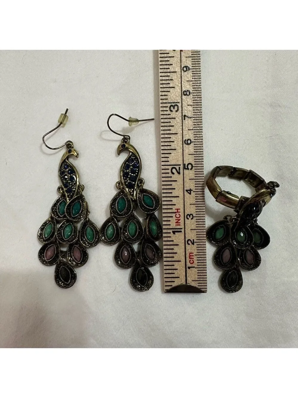 VINTAGE BOHEMIAN PEACOCK CHANDELIER EARRINGS & RING SET OCEAN HUES STATEMENT LUX